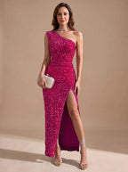 Women's One Shoulder Maxi Dress with Sequin Bodycon Fit & Front Slit