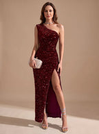 Red Women's One Shoulder Maxi Dress with Sequin Bodycon Fit & Front Slit