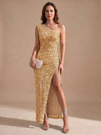 Yellow Women's One Shoulder Maxi Dress with Sequin Bodycon Fit & Front Slit - Front Full Gold Shine