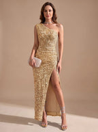 Women's One Shoulder Maxi Dress with Sequin Bodycon Fit & Front Slit