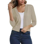 Beige Women's Open Front Cropped Cardigan with Lightweight Stretch Knit & 3/4 Sleeves — Melissa