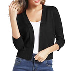 Black Women's Open Front Cropped Cardigan with Three-Quarter Sleeves & Relaxed Fit - Close Up Face