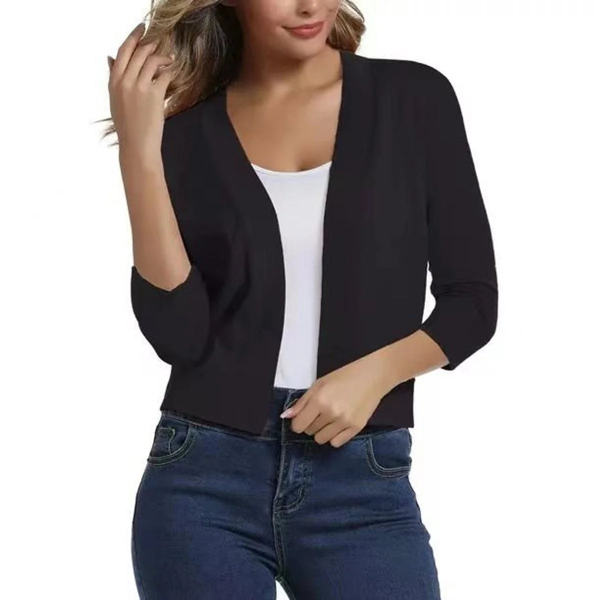 Black Women's Open Front Cropped Cardigan with Lightweight Stretch Knit & 3/4 Sleeves — Melissa - Close Up Front