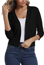 Black Women's Open Front Cropped Cardigan with Lightweight Stretch Knit & 3/4 Sleeves — Melissa
