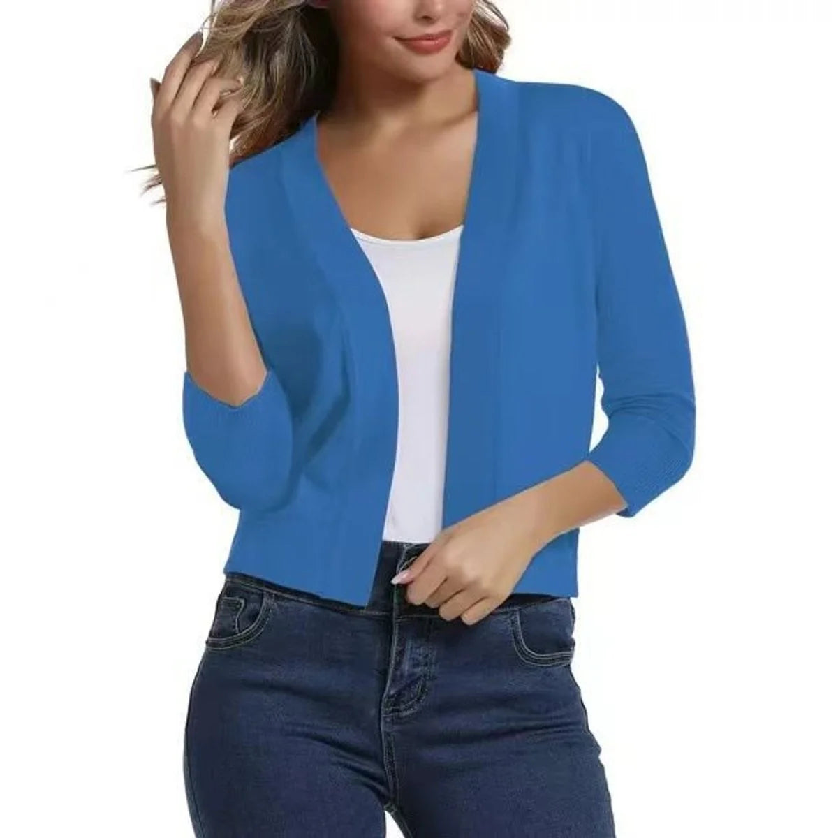 Blue Women's Open Front Cropped Cardigan with Lightweight Stretch Knit & 3/4 Sleeves — Melissa