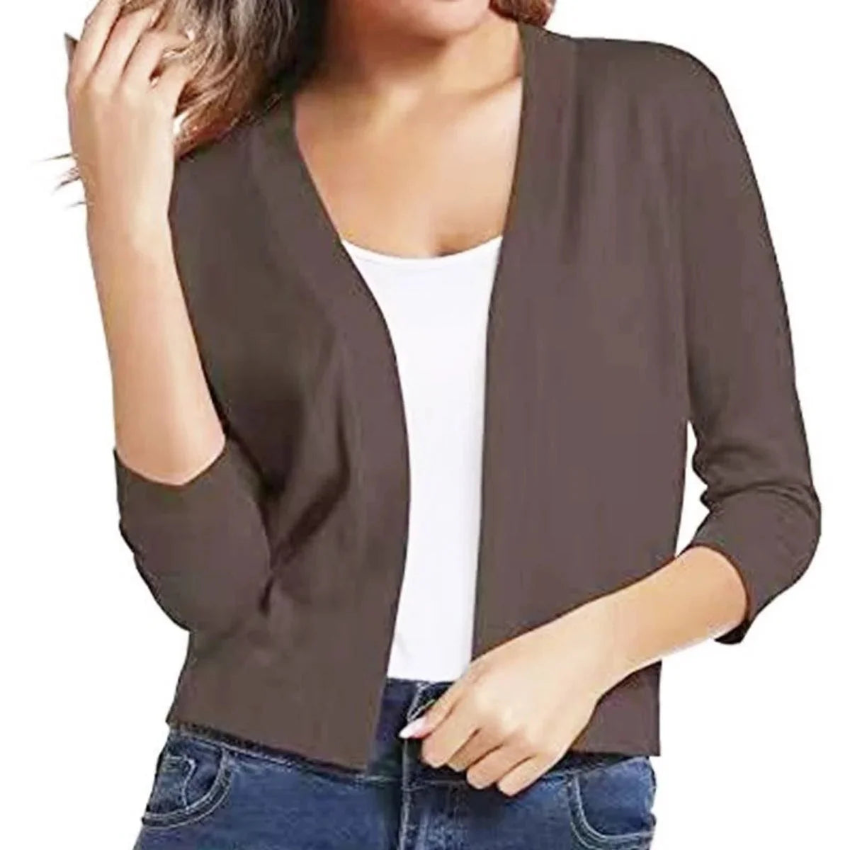 Brown Women's Open Front Cropped Cardigan with Three-Quarter Sleeves & Relaxed Fit - Front Pose Taupe