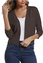 Brown Women's Open Front Cropped Cardigan with Three-Quarter Sleeves & Relaxed Fit