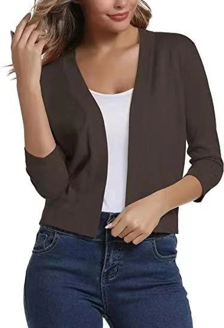 Brown Women's Open Front Cropped Cardigan with Three-Quarter Sleeves & Relaxed Fit