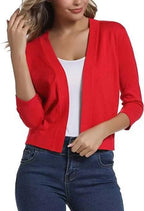 China Women's Open Front Cropped Cardigan with Lightweight Stretch Knit & 3/4 Sleeves — Melissa - Red