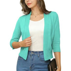 Deep Women's Open Front Cropped Cardigan with Lightweight Stretch Knit & 3/4 Sleeves — Melissa - Navy Blue