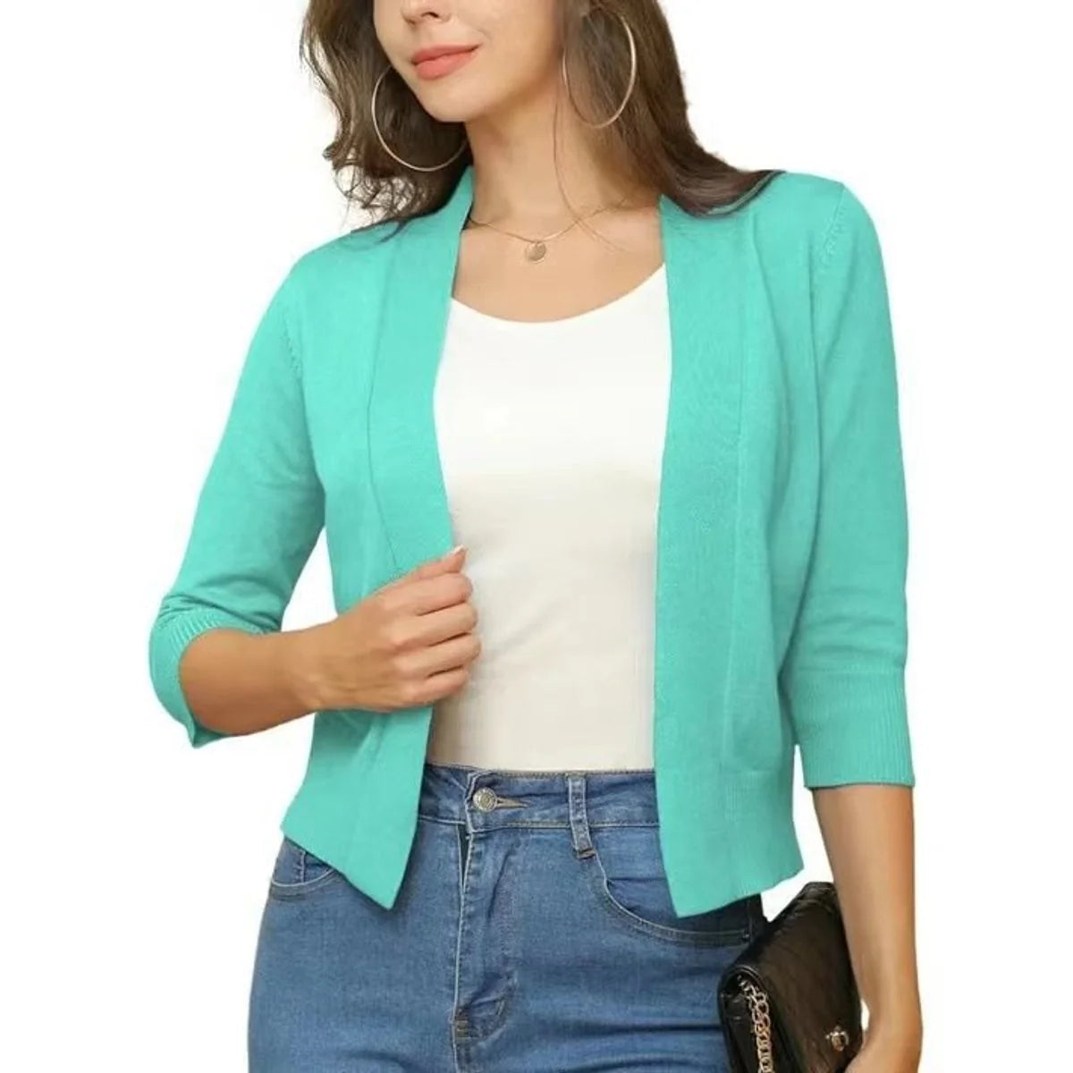 Deep Women's Open Front Cropped Cardigan with Lightweight Stretch Knit & 3/4 Sleeves — Melissa - Navy Blue