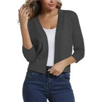 Gray Women's Open Front Cropped Cardigan with Lightweight Stretch Knit & 3/4 Sleeves — Melissa