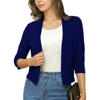 Mondsee Women's Open Front Cropped Cardigan with Lightweight Stretch Knit & 3/4 Sleeves — Melissa - Blue