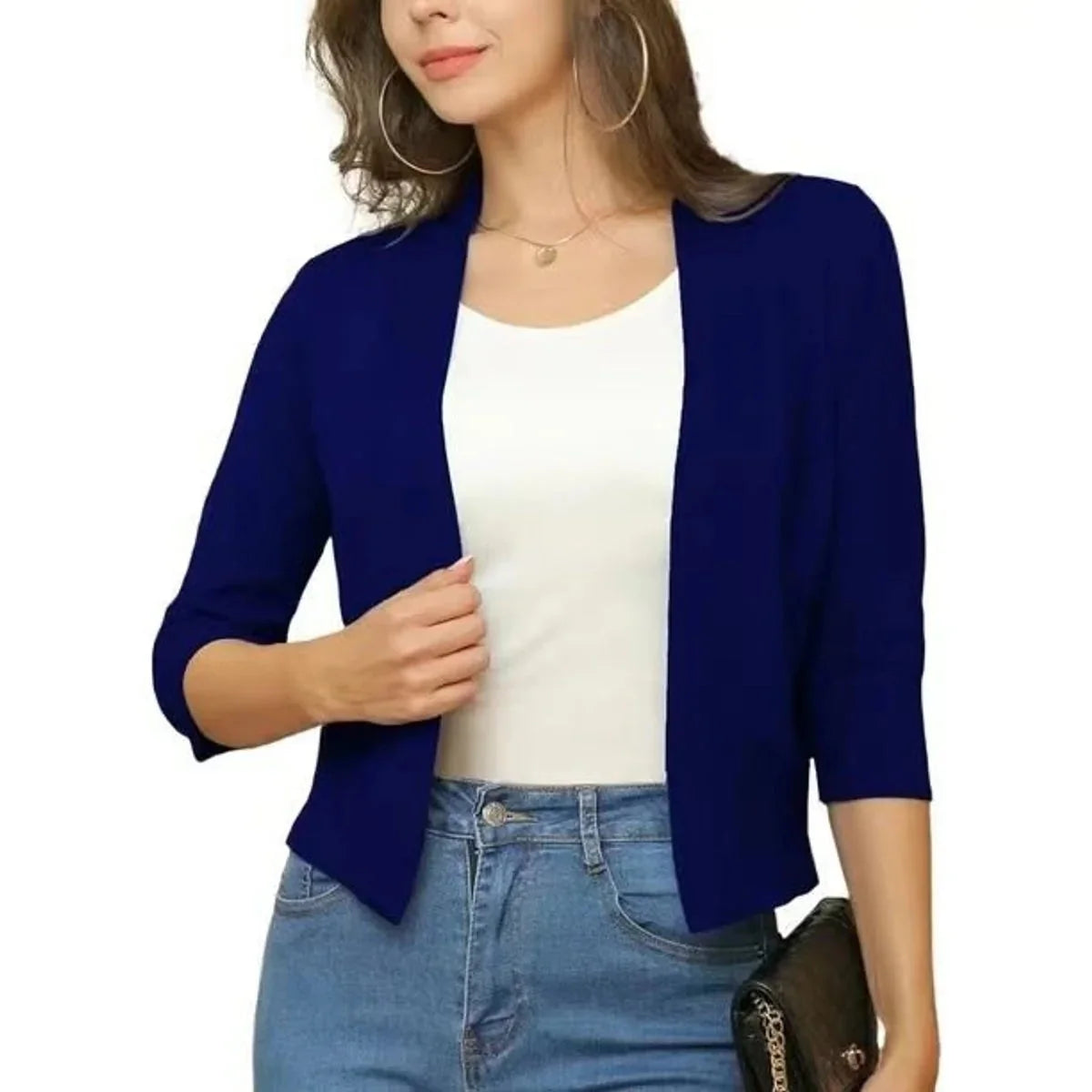 Blue Women's Open Front Cropped Cardigan with Three-Quarter Sleeves & Relaxed Fit