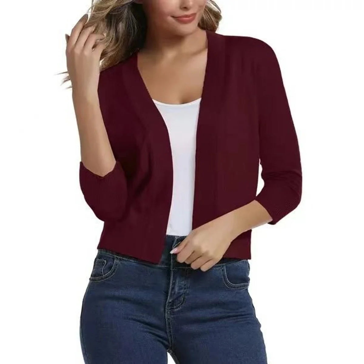 N Women's Open Front Cropped Cardigan with Lightweight Stretch Knit & 3/4 Sleeves — Melissa - A
