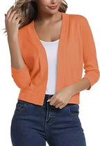 Orange Women's Open Front Cropped Cardigan with Lightweight Stretch Knit & 3/4 Sleeves — Melissa