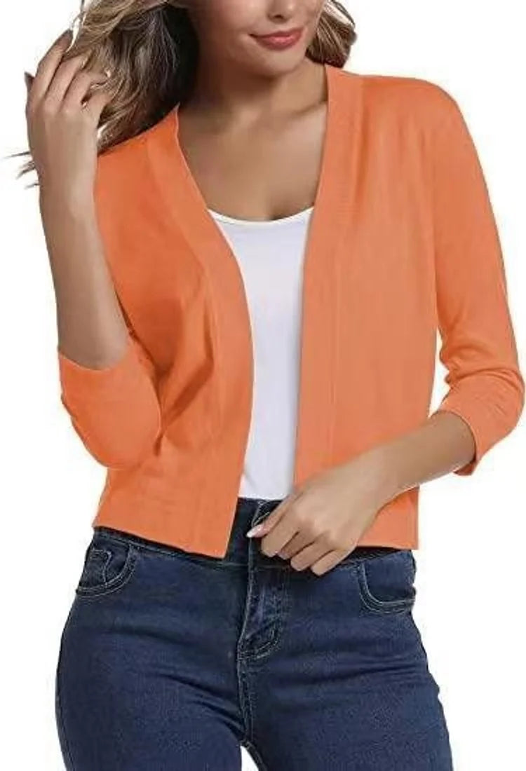 Orange Women's Open Front Cropped Cardigan with Lightweight Stretch Knit & 3/4 Sleeves — Melissa