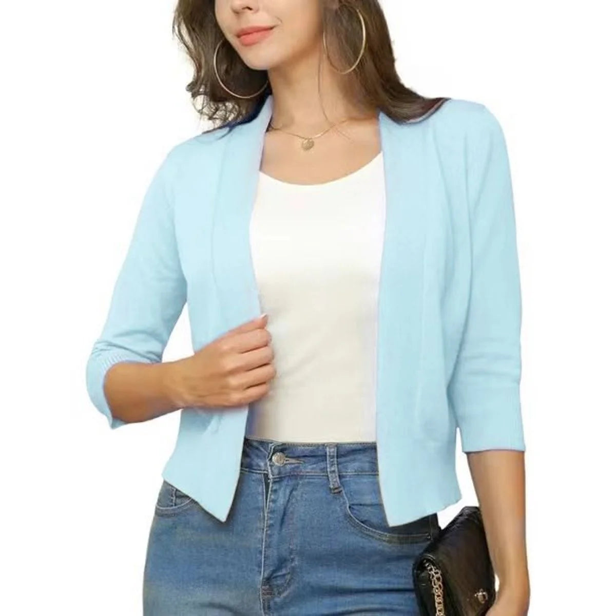 Pale Women's Open Front Cropped Cardigan with Lightweight Stretch Knit & 3/4 Sleeves — Melissa - Blue