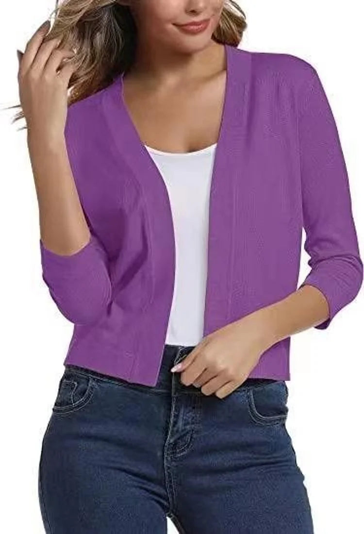 Purple Women's Open Front Cropped Cardigan with Lightweight Stretch Knit & 3/4 Sleeves — Melissa