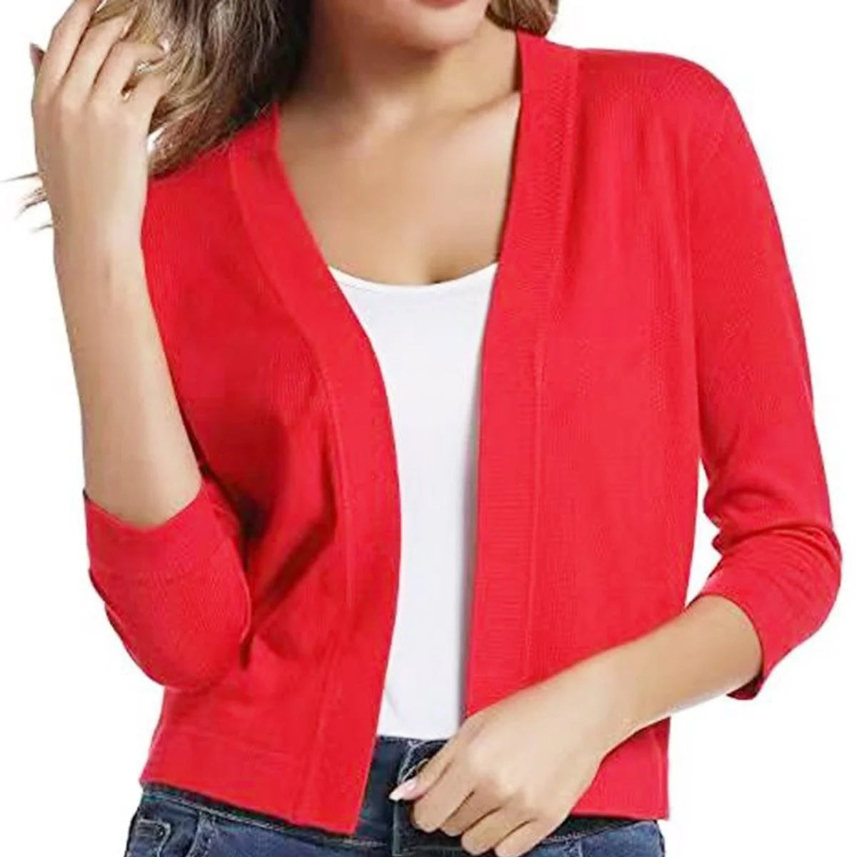 Red Women's Open Front Cropped Cardigan with Lightweight Stretch Knit & 3/4 Sleeves — Melissa - Front Pose
