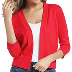 Red Women's Open Front Cropped Cardigan with Three-Quarter Sleeves & Relaxed Fit - Front Pose