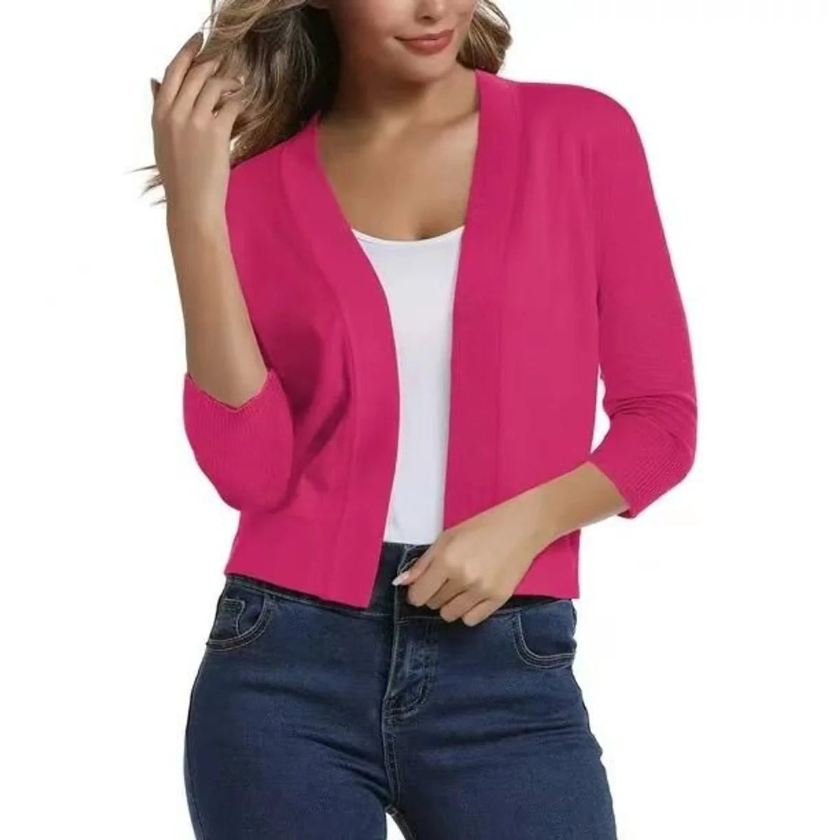 Red Women's Open Front Cropped Cardigan with Lightweight Stretch Knit & 3/4 Sleeves — Melissa