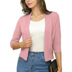 Rubber Women's Open Front Cropped Cardigan with Lightweight Stretch Knit & 3/4 Sleeves — Melissa - Red
