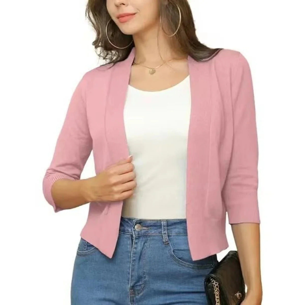 Rubber Red Women's Open Front Cropped Cardigan with Three-Quarter Sleeves & Relaxed Fit
