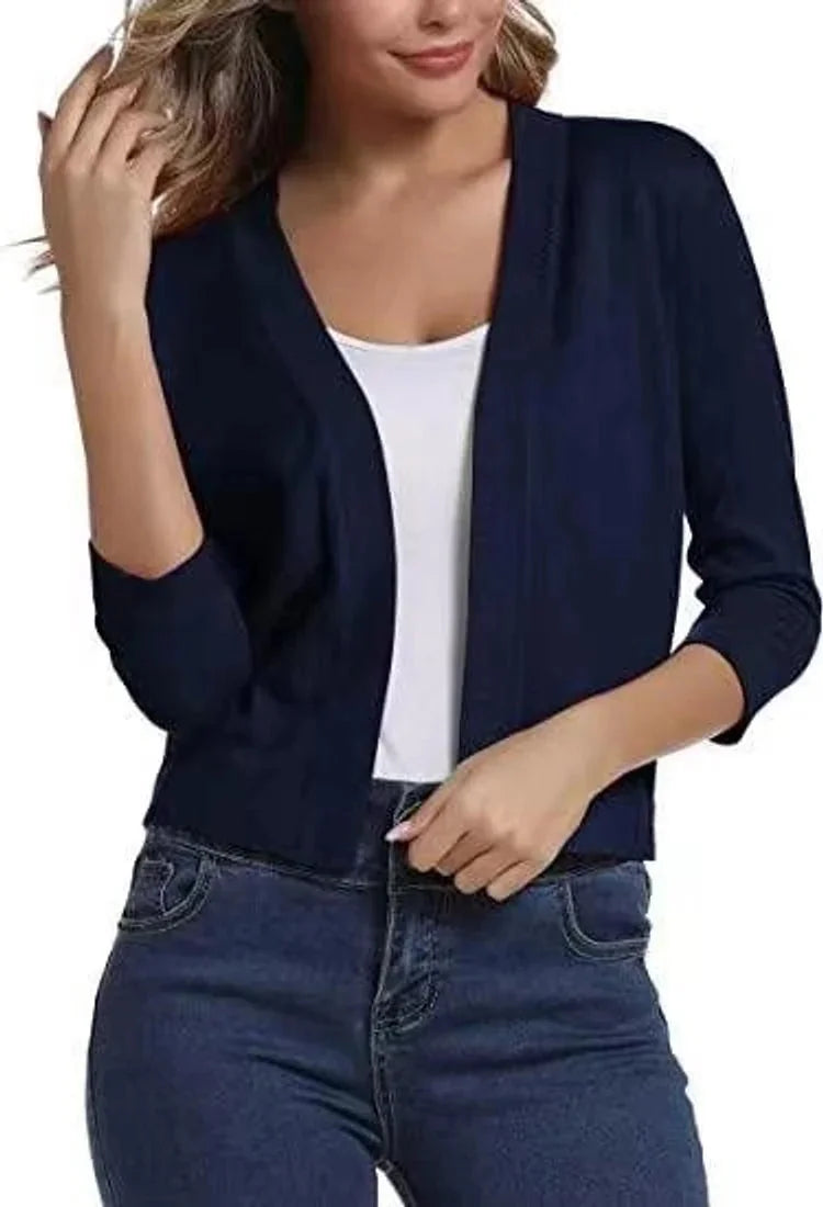 Sapphire Blue Women's Open Front Cropped Cardigan with Three-Quarter Sleeves & Relaxed Fit