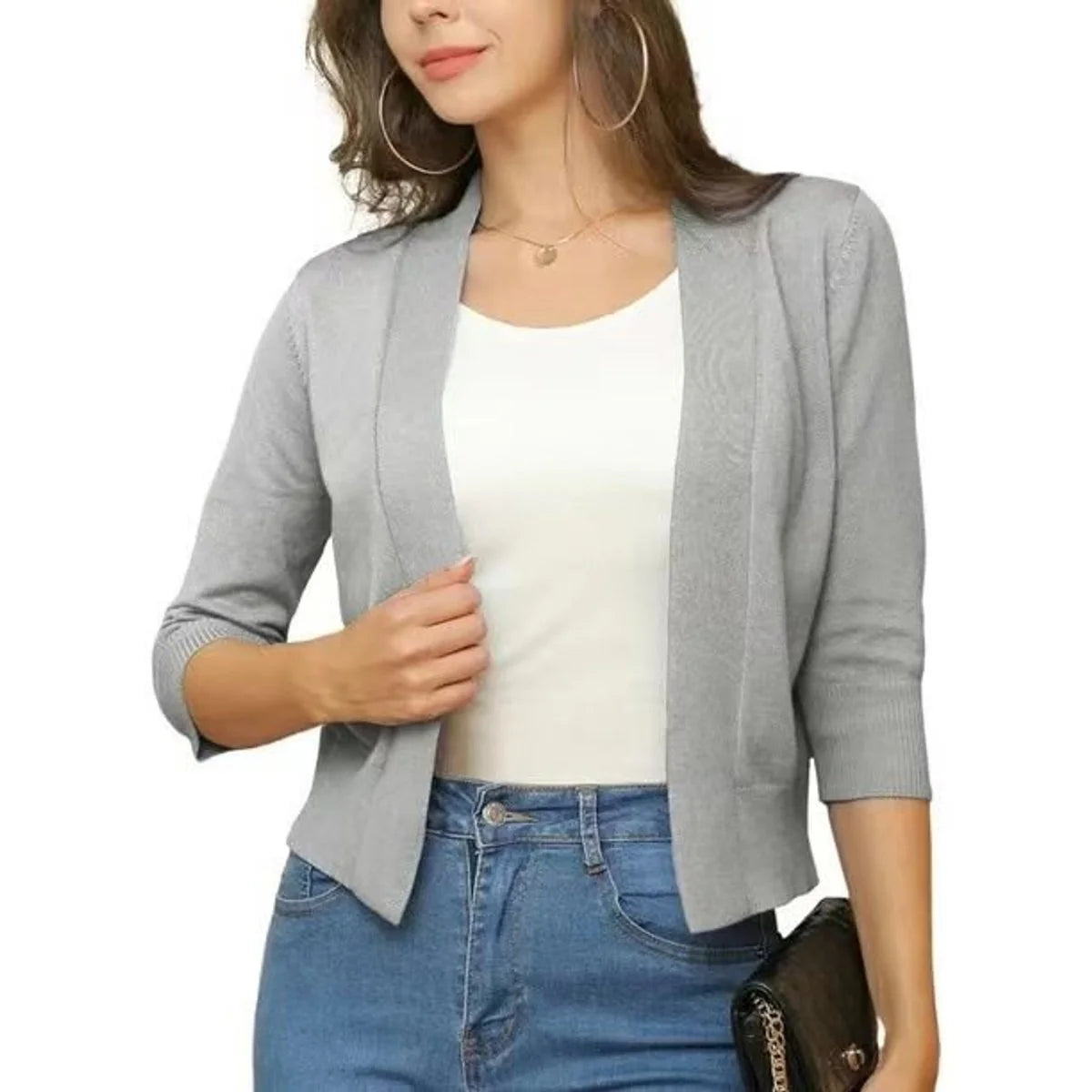 Silver Women's Open Front Cropped Cardigan with Lightweight Stretch Knit & 3/4 Sleeves — Melissa - Gray
