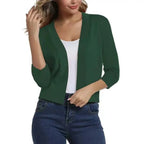 Wood Women's Open Front Cropped Cardigan with Lightweight Stretch Knit & 3/4 Sleeves — Melissa - Green