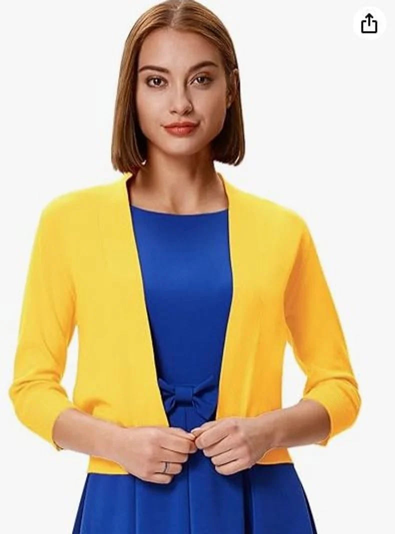 Yellow Women's Open Front Cropped Cardigan with Lightweight Stretch Knit & 3/4 Sleeves — Melissa