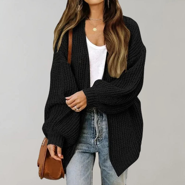 Black Women's Open Front Cardigan with Drop-Shoulder Long Sleeves