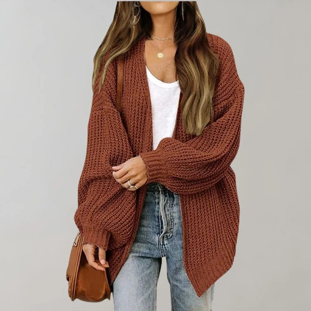 Brown Women's Open Front Cardigan with Drop-Shoulder Long Sleeves
