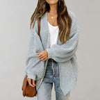 Grey Women's Open Front Cardigan with Drop-Shoulder Long Sleeves