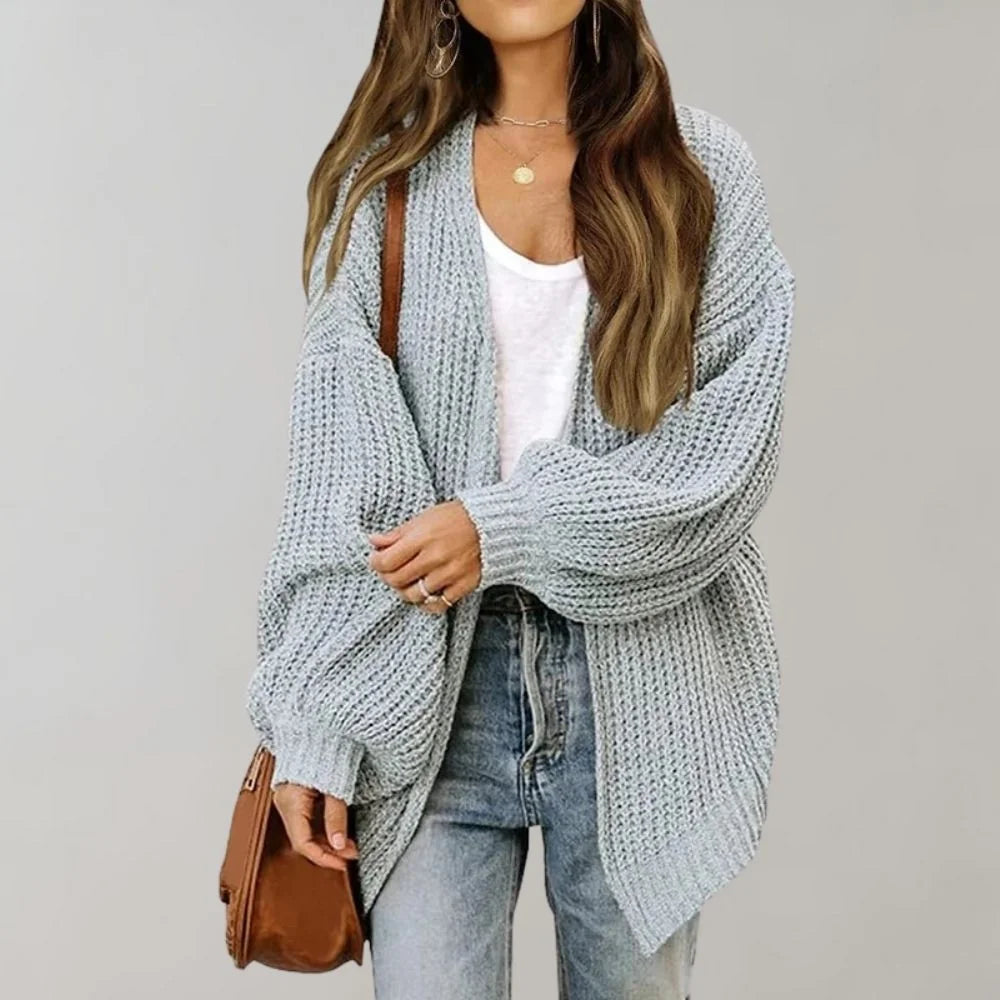 Grey Women's Open Front Cardigan with Drop-Shoulder Long Sleeves