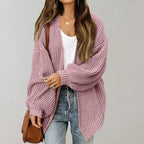 Pink Women's Open Front Cardigan with Drop-Shoulder Long Sleeves