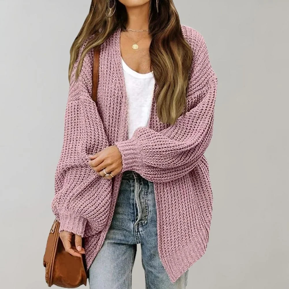 Pink Women's Open Front Cardigan with Drop-Shoulder Long Sleeves