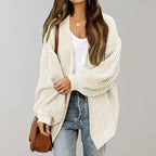 White Women's Open Front Cardigan with Drop-Shoulder Long Sleeves