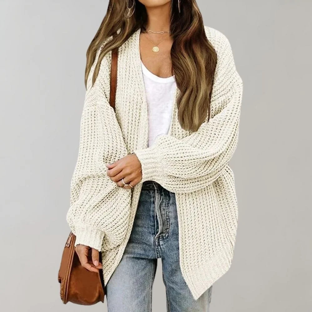 White Women's Open Front Cardigan with Drop-Shoulder Long Sleeves