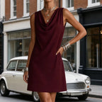 Women's Sleeveless Cowl Neck Mini Dress — Hazel Pocketed Slim-Fit Shift
