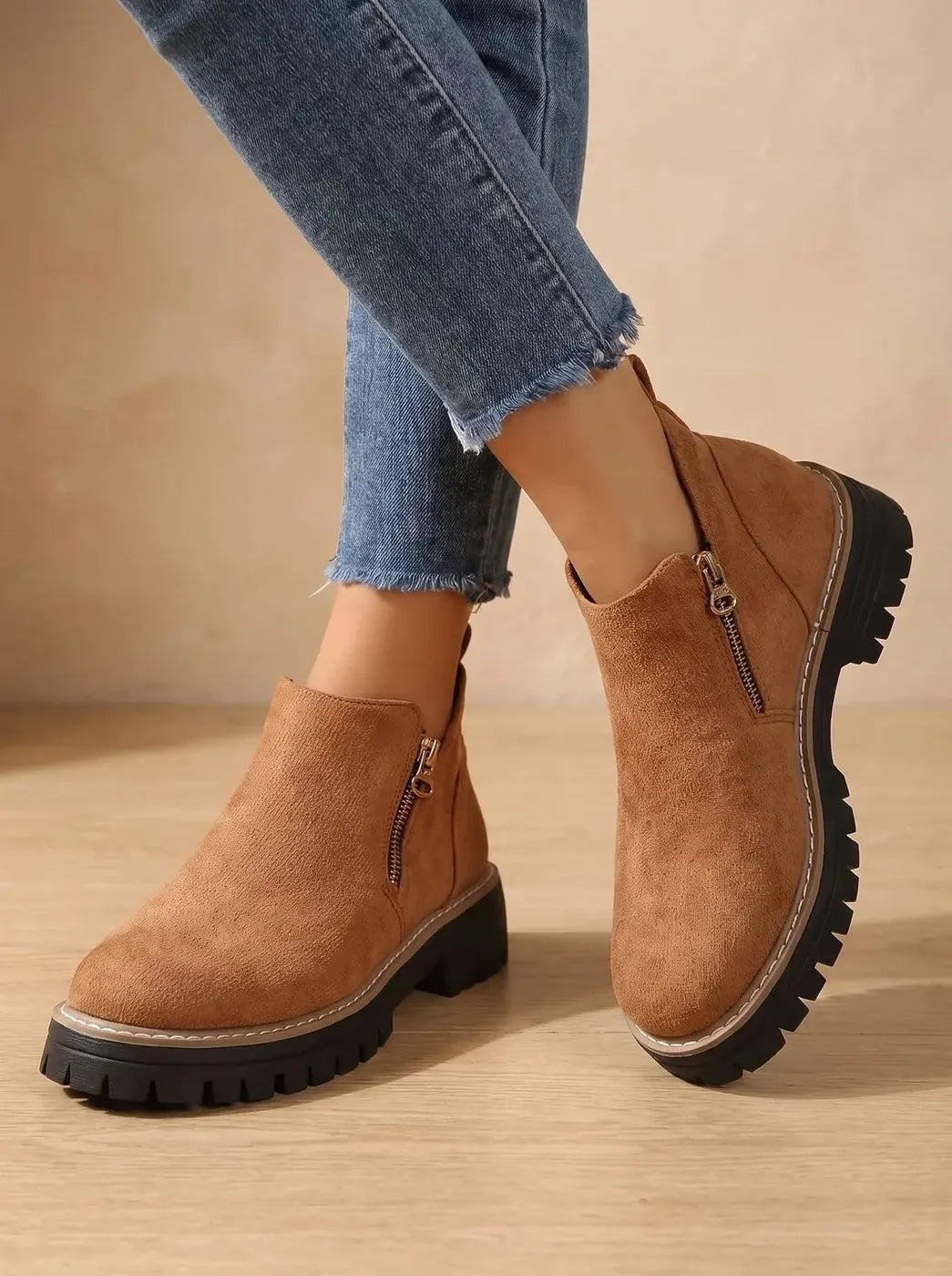 Brown Women's Orthopedic Ankle Boots with Side Zipper & Non-Slip Tread - Crossed Ankle Pose