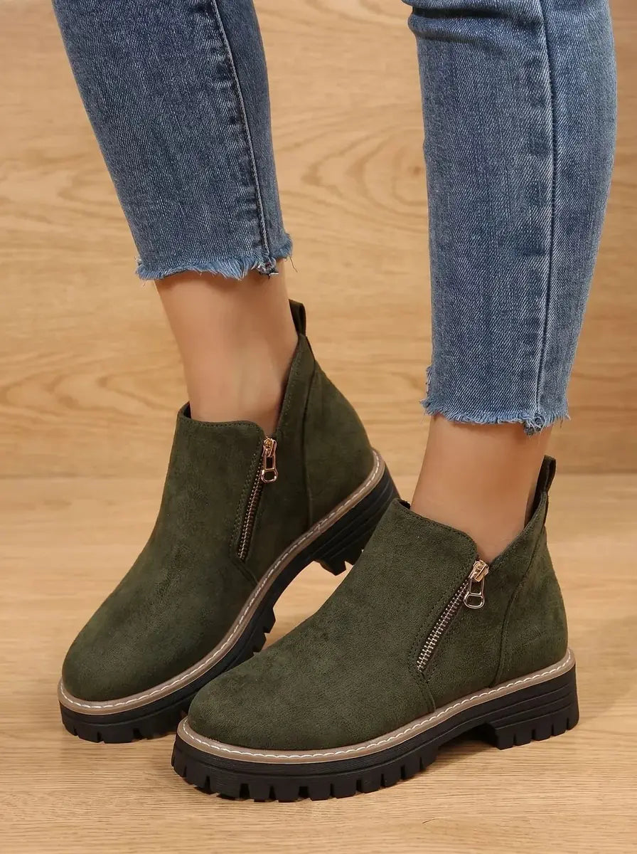 Green Women's Orthopedic Ankle Boots with Side Zipper & Non-Slip Tread - Tiptoe Pose