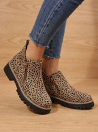 Leopard Print Women's Orthopedic Ankle Boots with Side Zipper & Non-Slip Tread - Walking Pose