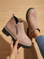 Pink Women's Orthopedic Ankle Boots with Side Zipper & Non-Slip Tread - Hand Held Angle View