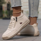 Women's Orthopedic Comfort Shoes with Lace-Up Zipper Ankle Design - Front Stance Cream