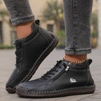 Black Women's Orthopedic Comfort Shoes with Lace-Up Zipper Ankle Design - Crossed Leg Pose