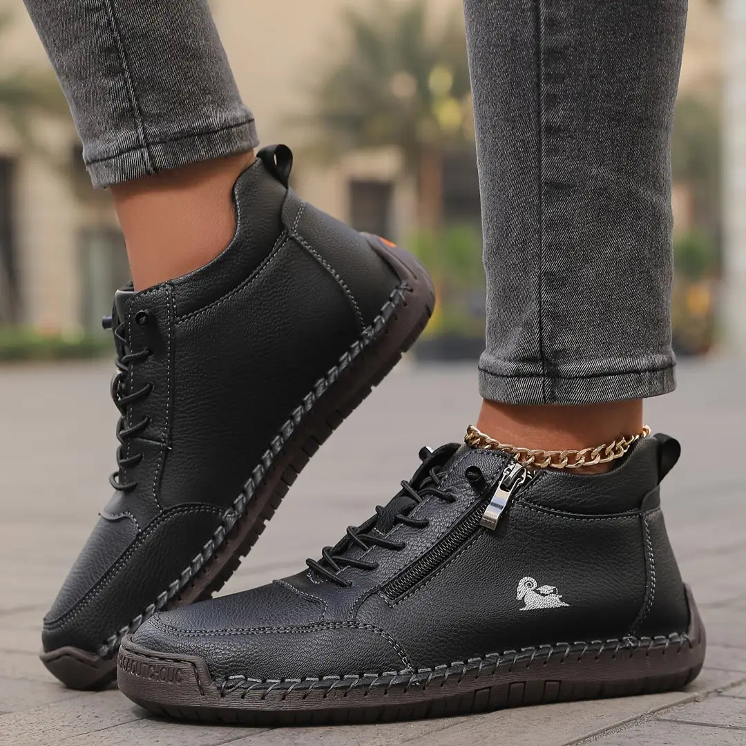 Black Women's Orthopedic Comfort Shoes with Lace-Up Zipper Ankle Design - Crossed Leg Pose