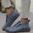 Blue Women's Orthopedic Comfort Shoes with Lace-Up Zipper Ankle Design - Side Step