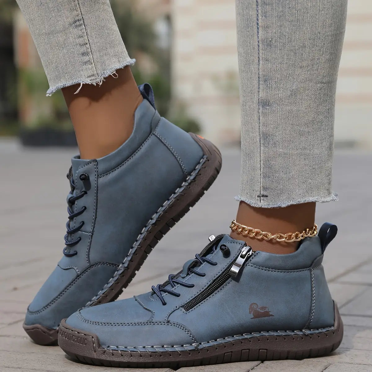 Blue Women's Orthopedic Comfort Shoes with Lace-Up Zipper Ankle Design - Side Step